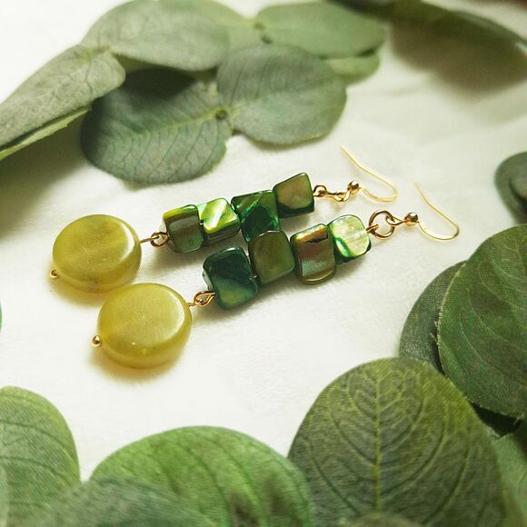 Coastal Green Mother of Pearl & Serpentine Stone Earrings: 24k Gold Plated Hooks - Picture 8 of 10